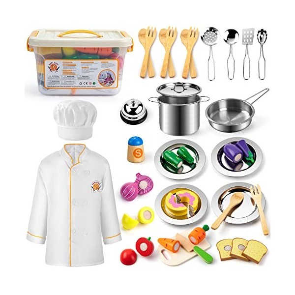 SLEMAKO Accessoire Cuisine Enfant, Chef Jeu de rôleUstensiles de Cuisine Jouet en Bois avec Acier Inoxydable Casseroles et Po