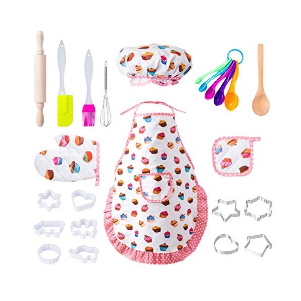 LIHAO 20pcs MINI Jeu Cuisine Enfant Chef Jeu dimitation Ustensile Pâtisserie Emporte Pièce avec Tablier Chapeau pour Fête An