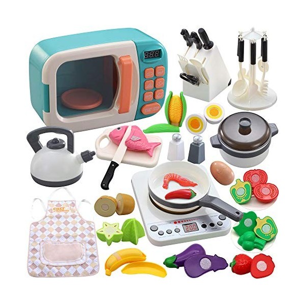 42 pièces de batterie de cuisine jouets pour enfants avec four à micro-ondes, cuisinière à induction électronique, casseroles