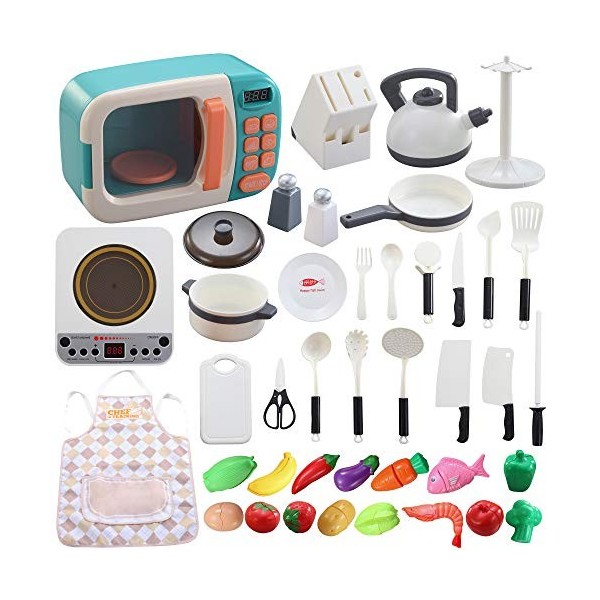 42 pièces de batterie de cuisine jouets pour enfants avec four à micro-ondes, cuisinière à induction électronique, casseroles