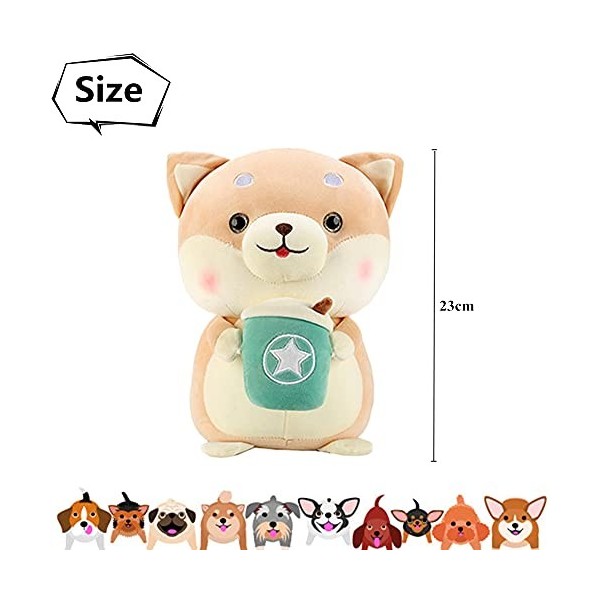 Waslary Shiba Inu Peluche en Forme de Chien avec thé au Lait 23cm Shiba Inu Plush Kawaii Plushie Jouet Cadeau Décoration pour