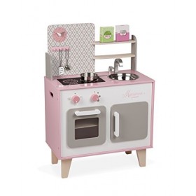 Janod - Cuisine Enfant en Bois Macaron - Équipée avec Frigo et Four Micro Ondes - Avec Bruitage - Imitation et Eveil - 5 Acce