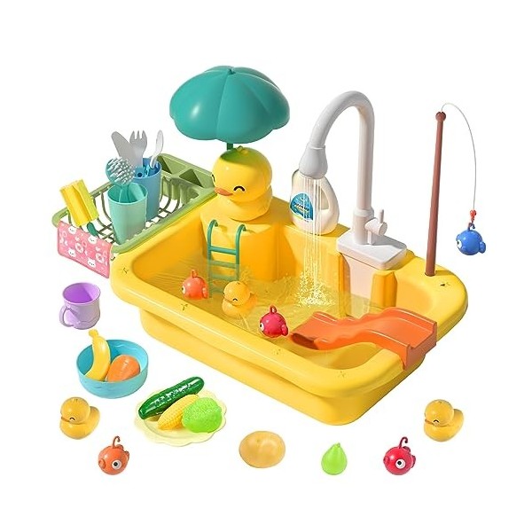 CUTE STONE Évier de Jeu avec Eau Courante, Jouets dévier de Cuisine avec Robinet électrique amélioré, Jouets de pêche flotta