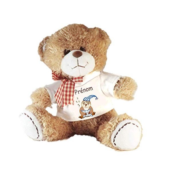 Peluche Nounours avec un Tee shirt Chouette avec son bonnet Personnalisable avec un Prénom Exemple Pauline