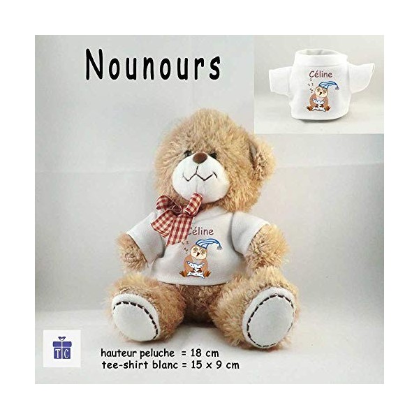 Peluche Nounours avec un Tee shirt Chouette avec son bonnet Personnalisable avec un Prénom Exemple Pauline