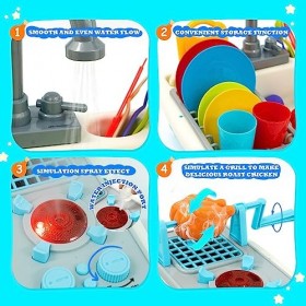 Jouets de Cuisine, Jeu dévier avec Circulation Deau et Gril, Robinet eau Enfant avec Support à Vaisselle et Jouets Alimenta