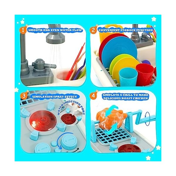 Jouets de Cuisine, Jeu dévier avec Circulation Deau et Gril, Robinet eau Enfant avec Support à Vaisselle et Jouets Alimenta