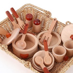 Accessoires de cuisine en bois pour enfants avec poêle, casseroles, assiettes, sac de rangement, cadeau danniversaire et de 