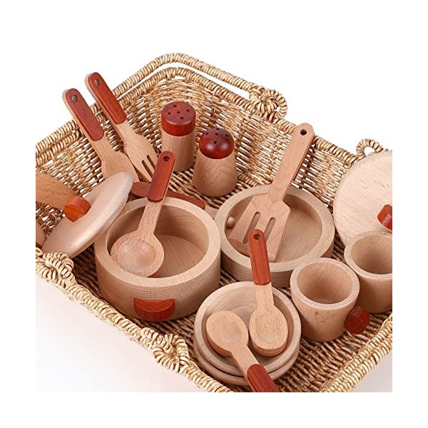Accessoires de cuisine en bois pour enfants avec poêle, casseroles, assiettes, sac de rangement, cadeau danniversaire et de 
