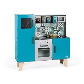 Janod - Maxi Cuisine en Bois Lagoon - Cuisine Enfant Équipée avec Frigo et Four Micro Ondes - Imitation et Eveil - 15 Accesso