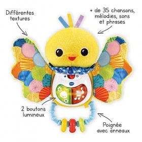 VTech - Hochet Piou-Piou Éveil des Sens, Hochet Bébé Interactif et Musical, Jouet Sensoriel, Oiseau en Peluche Lavable en Mac