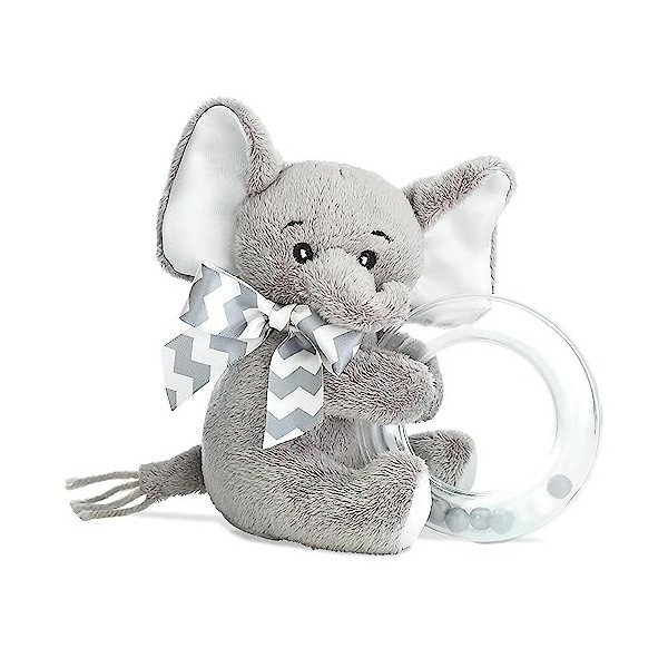 Bearington Collection Hochet à anneaux shaker éléphant en peluche avec peluche au cou pour mixte bébé 5.5" gris