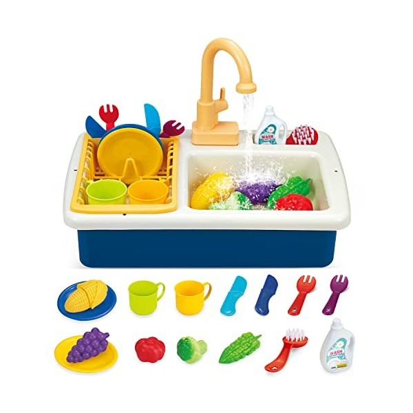 Trousse de Jouets pour évier de Cuisine pour Enfants avec Vaisselle, Lave - Linge et Coupe de Fruits et légumes Jouets, Eau d