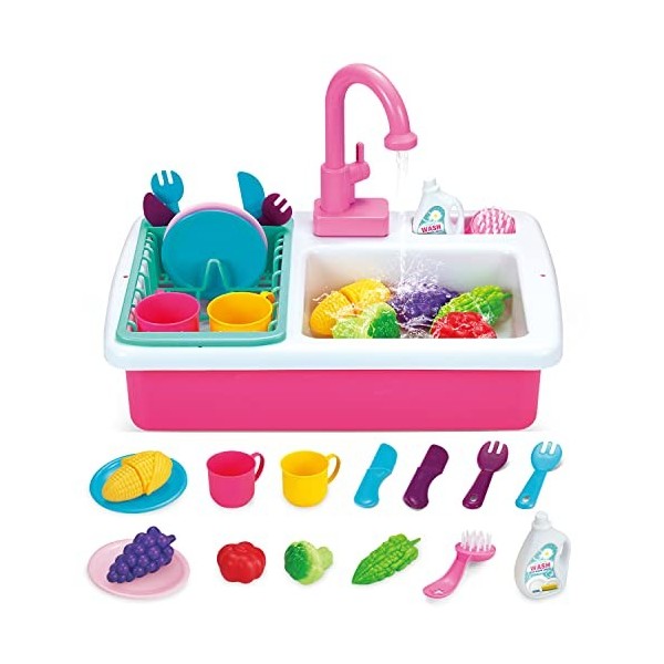 Trousse de Jouets pour évier de Cuisine pour Enfants avec Vaisselle, Lave - Linge et Coupe de Fruits et légumes Jouets, Eau d