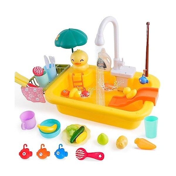 Ensemble de Jouets de Cuisine avec Robinet de Travail Forme de Canard Mignon Jeu de pêche Évier pour Enfants Ensemble de Joue