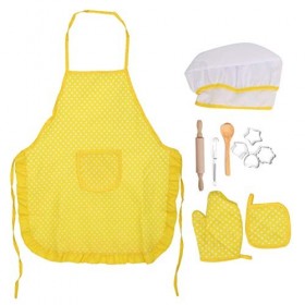 GOTOTOP 11 pièces de Cuisine pour Enfants Ensemble Cuisine Cosplay Ensemble Tablier Jaune Bricolage Cuisine Jouets Fille Joue