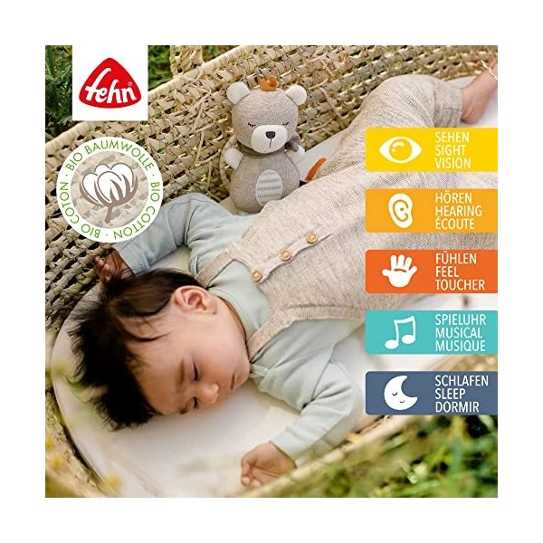 Fehn 052022 Mini boîte à musique Teddy fehnNATUR – Doudou et aide à sendormir avec coton kbA – Mélodie « Sommeil enfant » 