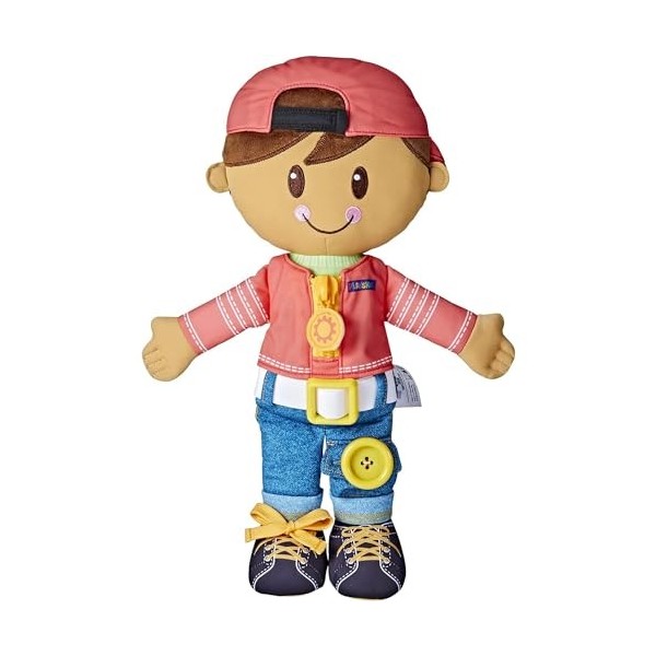 Playskool Poupée habillée pour enfant avec cheveux bruns et chapeau, jouet en peluche avec fermeture éclair, lacets, bouton, 