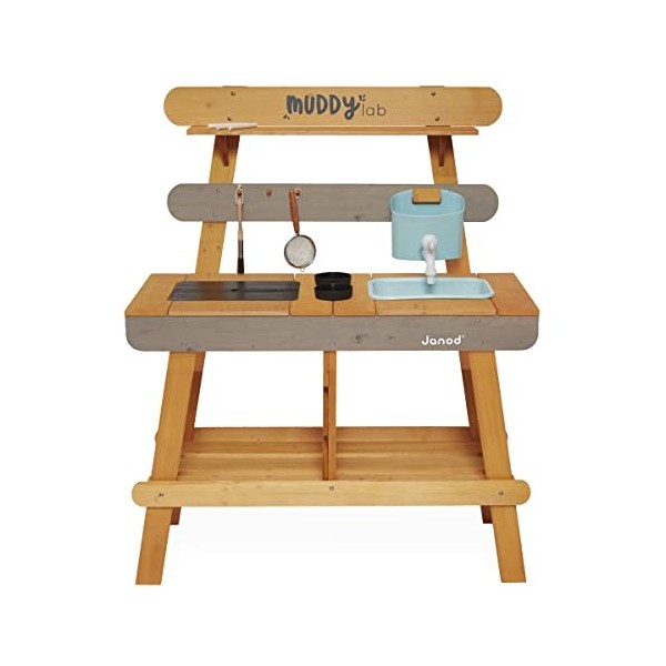 Janod Muddy Lab Extérieure Enfant-10 Accessoires-Jouet dImitation-Jeu DExtérieur pour Enfant-Cuisine en Bois FSC-Dès 3 Ans,