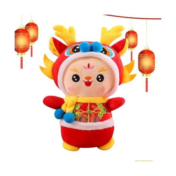 hanwen Dragon Chinois en Peluche, 2024 Année de la Mascotte du Dragon en Costume Tang, Poupée du Zodiaque en Peluche Dragon 2