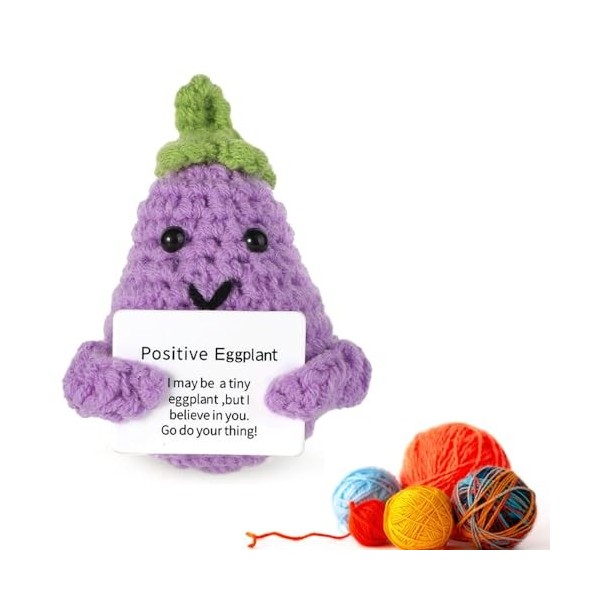 Puedno Aubergine positive amusante, poupée daubergine tricotée positive, 7,6 cm, laine inspirante à tricoter avec carte posi