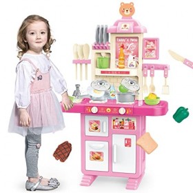 deAO Jeu de Cuisine,Jouet de Cuisine 69 pièces,Ensemble daccessoires avec de Vrais Sons et lumière,Cuisine de Jeu pour Enfan