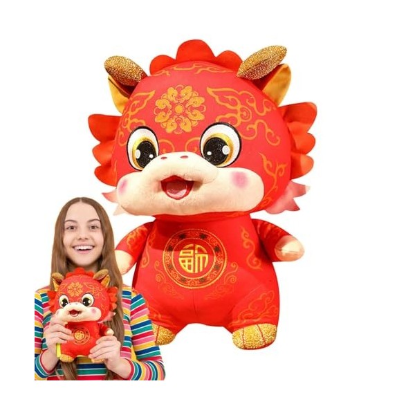 BUKISA Poupée en Peluche Dragon Chinois - Poupée en Peluche Dragon Chinois avec FU - Poupée en Peluche Dragon Chinois Rouge, 