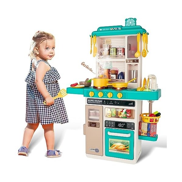 deAO Cuisine pour Enfants avec Sons et lumières, Kitchen Toy, 50PCS Accessoires de Cuisine pour Enfants Comprenant Vaisselle,