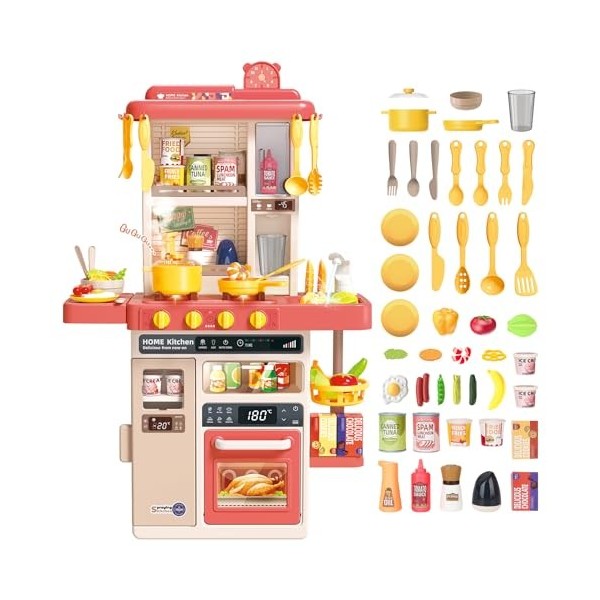 deAO Cuisine pour Enfants avec Sons et lumières, Kitchen Toy, 50PCS Accessoires de Cuisine pour Enfants Comprenant Vaisselle,