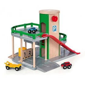 Brio World - 33204 - Garage Rail / Route - Accessoire pour circuit de train en bois - 3 niveaux - Véhicules inclus - Action d