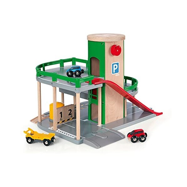 Brio World - 33204 - Garage Rail / Route - Accessoire pour circuit de train en bois - 3 niveaux - Véhicules inclus - Action d