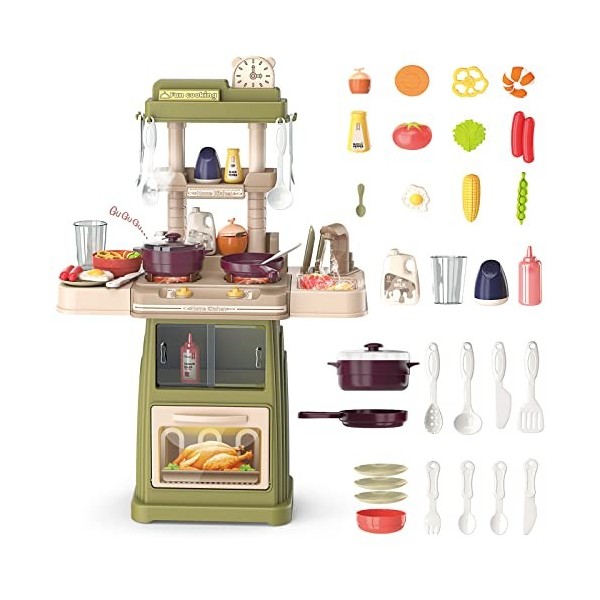 deAO Jouet de Cuisine pour Enfants,30 Pièces Accessoires de Cuisine, Vapeur Simulée, Lumières, Sons, Cuisine de Jeu de Rôle, 