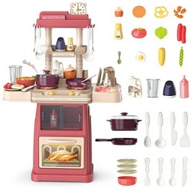 deAO Jouet de Cuisine pour Enfants,30 Pièces Accessoires de Cuisine, Vapeur Simulée, Lumières, Sons, Cuisine de Jeu de Rôle, 