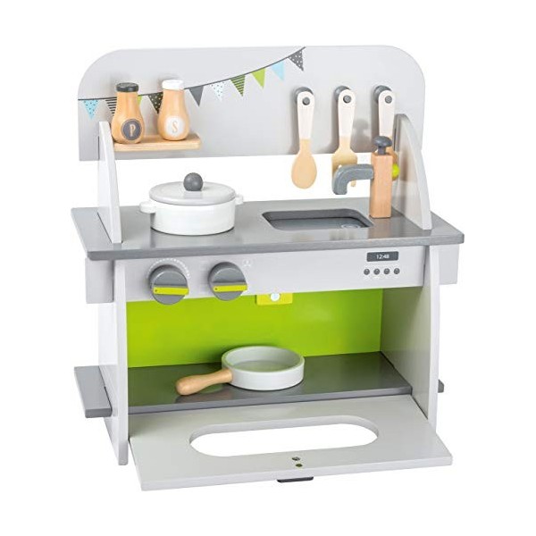 11158 Cuisine pour enfants "compact" en bois, avec four, boutons rotatifs, casserole, poêle et ustensiles de cuisine, à parti