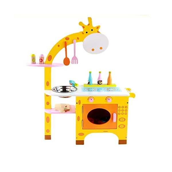 Ensemble de cuisine en bois pour enfants avec motif girafe jaune avec accessoires, cadeau danniversaire pour garçons et fill