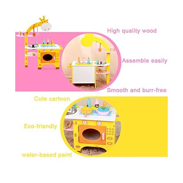 Ensemble de cuisine en bois pour enfants avec motif girafe jaune avec accessoires, cadeau danniversaire pour garçons et fill