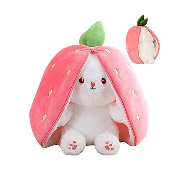 Qihuyi Peluche Lapin Fraise,Pochette Farcie Peluche Lapin Fraise Animal | Oreiller en Peluche Doux Lapin réversible en Lapin 