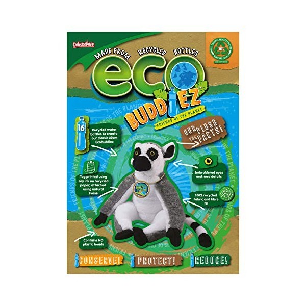 EcoBuddiez - Lémur Catta de Deluxebase. Peluche Douce Moyenne de 20cm Faite de Bouteilles en Plastique Recyclées. Cadeau Cali