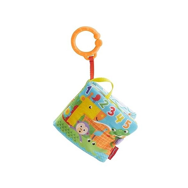 Fisher-Price Mon Petit Livre dActivités, textures et sons multiples, jouet bébé avec anneau pour laccrocher à la poussette,