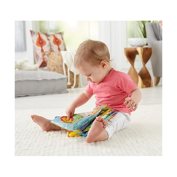 Fisher-Price Mon Petit Livre dActivités, textures et sons multiples, jouet bébé avec anneau pour laccrocher à la poussette,