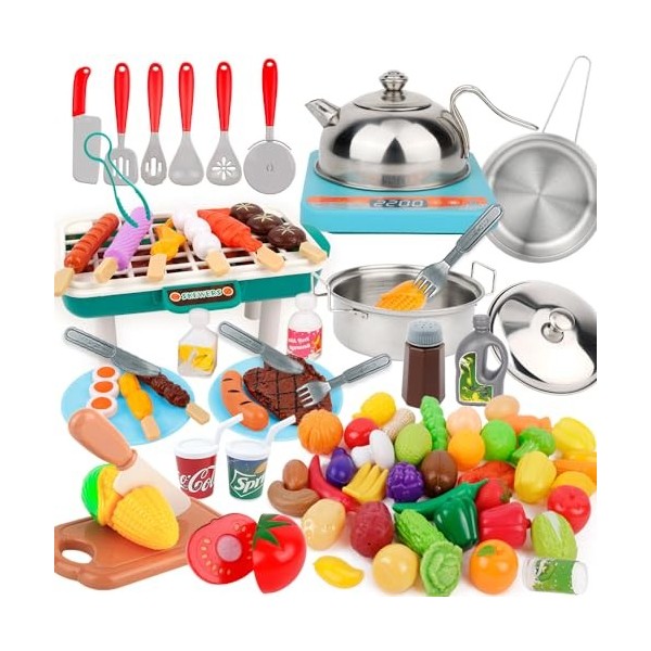 Accessoires de cuisine de jeu, jouets en plastique, set de cuisine avec casseroles et poêles en acier inoxydable