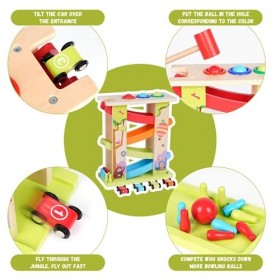Arkyomi Rampe Voiture en Bois Jouet Toboggan a Voiture avec 4 Mini Voiture,3 in1 Banc à marteler,Mini Bowling,Jouer Circuit e
