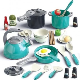 SANON Ensemble de Cuisine pour Enfant,Jouet Accessoire Cuisine Enfant avec Pots et Casseroles,32 Pièces Accessoire Cuisine En