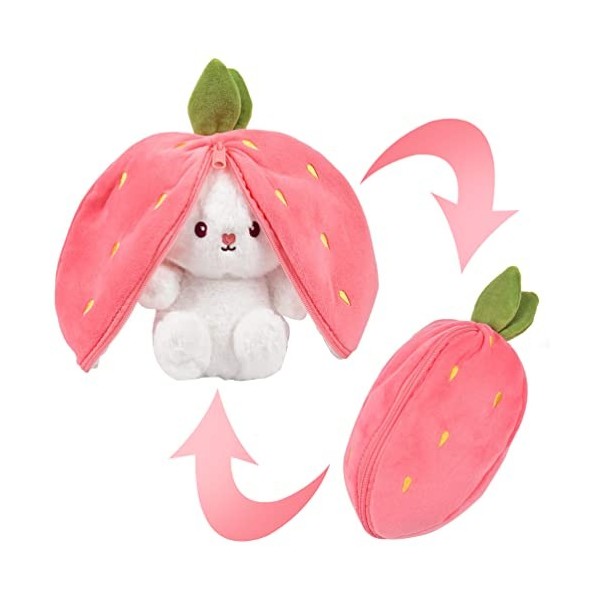 Vibbang Jouets Peluche Lapin, Peluche Lapin Enveloppé dans des Cadeaux de Carotte ou de Fraise, Lapin De Pâques en Peluche Mi