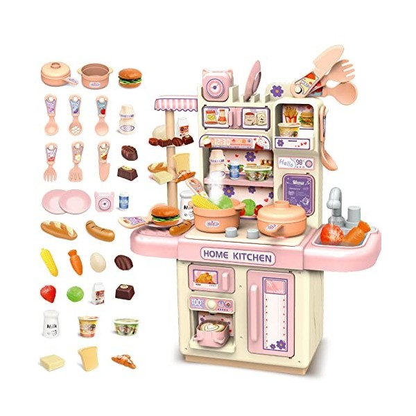Cuisine Enfant DeAO 54 Pièces - Avec Micro-ondes, Frigo, Four Et Lumières | 3 Hauteurs Réglables, Jeu Imitatif Complet