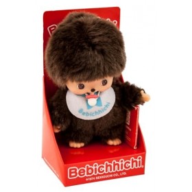 Sekiguchi- Monchhichi 235540-Original garçon Bebichhichi, en Peluche Marron, avec Bavoir, Environ 15 cm, 235540, Bleu, 0