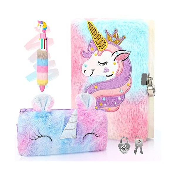 Anyfirst Licorne Journal Intime Fille en Peluche avec Clé et Cadenas, Set de A5 Carnet Secret Fille en Peluche, Journal Intim