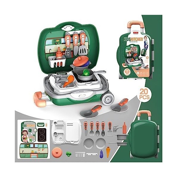 Cuisine Jouet pour Enfants Trolley Refermable en Chariot avec 20 Accessoires Jeu Casseroles Couverts Set Chef Jouet Cuisine a