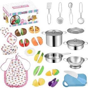 Accessoire Cuisine Enfant, 30PCS Daccessoires de Cuisine pour Enfants avec Casseroles et Poêles en Acier Inoxydable, Accesso