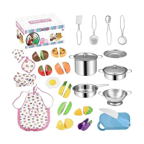 Accessoire Cuisine Enfant, 30PCS Daccessoires de Cuisine pour Enfants avec Casseroles et Poêles en Acier Inoxydable, Accesso